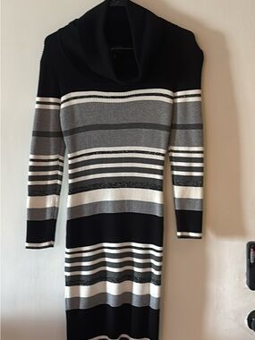 connected apparel Black, Gray & White Striped Cowl Neck Sweater Dress